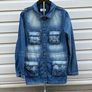 Bootlegger Distressed Woman’s Chore Jacket Oversized Snap Closure Jean Jacket
